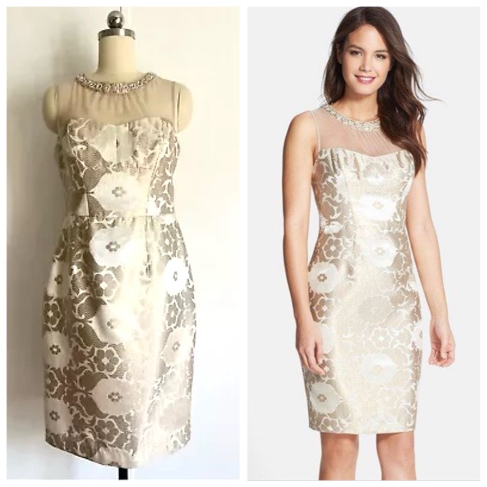 Gold Damask Style Maggy London Cocktail Dress Sequined Neckline Wedding 4
